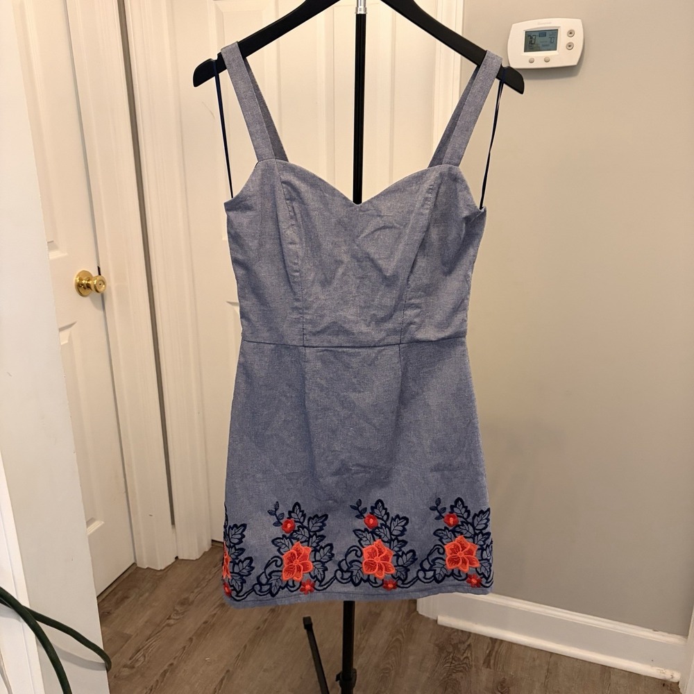 Mi Ami Francesca's Chambray Denim Floral Embroidered Mini Dress summer festival‎